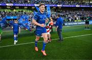 17 May 2025; Jordie Barrett of Leinster runs out before the United Rugby Championship match between Leinster and Glasgow Warriors at the Aviva Stadium in Dublin. Photo by Ramsey Cardy/Sportsfile