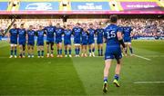 17 May 2025; Hugo Keenan of Leinster joins his teammates before the United Rugby Championship match between Leinster and Glasgow Warriors at the Aviva Stadium in Dublin. Photo by Ramsey Cardy/Sportsfile