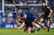 17 May 2025; Kyle Steyn of Glasgow Warriors is tackled by Dan Sheehan of Leinster during the United Rugby Championship match between Leinster and Glasgow Warriors at the Aviva Stadium in Dublin. Photo by Sam Barnes/Sportsfile