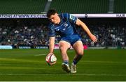 17 May 2025; Jimmy O'Brien of Leinster scores his side's first try during the United Rugby Championship match between Leinster and Glasgow Warriors at the Aviva Stadium in Dublin. Photo by Ramsey Cardy/Sportsfile