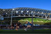 17 May 2025; Jimmy O'Brien of Leinster scores his side's first try during the United Rugby Championship match between Leinster and Glasgow Warriors at the Aviva Stadium in Dublin. Photo by Ramsey Cardy/Sportsfile