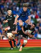 17 May 2025; Adam Hastings of Glasgow Warriors and Jordie Barrett of Leinster during the United Rugby Championship match between Leinster and Glasgow Warriors at the Aviva Stadium in Dublin. Photo by Ramsey Cardy/Sportsfile