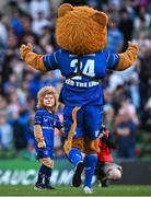 17 May 2025; Leinster mascot Leo the Lion with Kyla Blake, aged 7, from Wicklow, before the United Rugby Championship match between Leinster and Glasgow Warriors at the Aviva Stadium in Dublin. Photo by Sam Barnes/Sportsfile