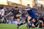 17 May 2025; Ben Afshar of Glasgow Warriors is put under pressure by Dan Sheehan of Leinster during the United Rugby Championship match between Leinster and Glasgow Warriors at the Aviva Stadium in Dublin. Photo by Sam Barnes/Sportsfile