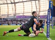 17 May 2025; Sam Prendergast of Leinster knocks the ball forward on the try line under the tackle from Adam Hastings of Glasgow Warriors during the United Rugby Championship match between Leinster and Glasgow Warriors at the Aviva Stadium in Dublin. Photo by Sam Barnes/Sportsfile