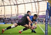 17 May 2025; Sam Prendergast of Leinster knocks the ball forward on the try line under the tackle from Adam Hastings of Glasgow Warriors during the United Rugby Championship match between Leinster and Glasgow Warriors at the Aviva Stadium in Dublin. Photo by Sam Barnes/Sportsfile