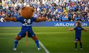 17 May 2025; Leo the Lion with Kyla Blake, aged 7, from Wicklow, before the United Rugby Championship match between Leinster and Glasgow Warriors at the Aviva Stadium in Dublin. Photo by Ramsey Cardy/Sportsfile