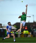 3 May 2025; William O'Donoghue of Limerick in action against Jack Prendergast of Waterford during the Munster GAA Hurling Senior Championship Round 3 match between Waterford and Limerick at Walsh Park in Waterford. Photo by Tom Beary/Sportsfile