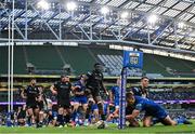 17 May 2025; Sam Prendergast of Leinster loses the ball forward on the tryline under the tackle of  Adam Hastings of Glasgow during the United Rugby Championship match between Leinster and Glasgow Warriors at the Aviva Stadium in Dublin. Photo by Sam Barnes/Sportsfile