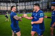 17 May 2025; Andrew Porter, left, and Thomas Clarkson of Leinster after the United Rugby Championship match between Leinster and Glasgow Warriors at the Aviva Stadium in Dublin. Photo by Ramsey Cardy/Sportsfile