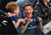 17 May 2025; Leinster supporter Noah Harry reacts after getting his jersey signed by Sam Prendergast of Leinster after the United Rugby Championship match between Leinster and Glasgow Warriors at the Aviva Stadium in Dublin. Photo by Ramsey Cardy/Sportsfile
