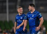 17 May 2025; Leinster players Fintan Gunne, left, and Thomas Clarkson applaud the crowd after their side's victory in the United Rugby Championship match between Leinster and Glasgow Warriors at the Aviva Stadium in Dublin. Photo by Sam Barnes/Sportsfile