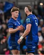 17 May 2025; Leinster players Jordie Barrett, left, and RG Snyman, shake hands after their side's victory in the United Rugby Championship match between Leinster and Glasgow Warriors at the Aviva Stadium in Dublin. Photo by Sam Barnes/Sportsfile