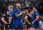 17 May 2025; Leinster players RG Snyman, left, and Thomas Clarkson celebrate after their side's victory in the United Rugby Championship match between Leinster and Glasgow Warriors at the Aviva Stadium in Dublin. Photo by Sam Barnes/Sportsfile