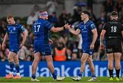 17 May 2025; Leinster players Jack Boyle, left, and Jimmy O'Brien, celebrate after their side's victory in the United Rugby Championship match between Leinster and Glasgow Warriors at the Aviva Stadium in Dublin. Photo by Sam Barnes/Sportsfile