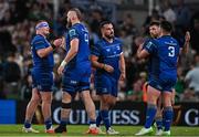 17 May 2025; Leinster players from left, Jack Boyle, RG Snyman, Rónan Kelleher, Hugo Keenan and Thomas Clarkson celebrate after their side's victory in the United Rugby Championship match between Leinster and Glasgow Warriors at the Aviva Stadium in Dublin. Photo by Sam Barnes/Sportsfile