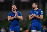 17 May 2025; Leinster players Rónan Kelleher, left, and Max Deegan applaud the crowd after their  side's victory in the United Rugby Championship match between Leinster and Glasgow Warriors at the Aviva Stadium in Dublin. Photo by Sam Barnes/Sportsfile
