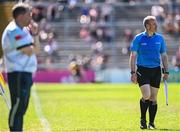 17 May 2025; Linesman Johnny Murphy and Antrim manager Davy Fitzgerald look on during the Leinster GAA Hurling Senior Championship Round 4 match between Galway and Antrim at Pearse Stadium in Galway. Photo by Piaras Ó Mídheach/Sportsfile