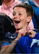 17 May 2025; Leinster supporter Noah Harry reacts after getting his jersey signed by Sam Prendergast of Leinster after the United Rugby Championship match between Leinster and Glasgow Warriors at the Aviva Stadium in Dublin. Photo by Ramsey Cardy/Sportsfile