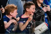 17 May 2025; Leinster supporter Noah Harry reacts after getting his jersey signed by Sam Prendergast of Leinster after the United Rugby Championship match between Leinster and Glasgow Warriors at the Aviva Stadium in Dublin. Photo by Ramsey Cardy/Sportsfile