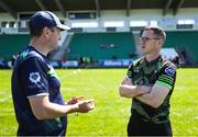 18 May 2025; Sligo manager Tony McEntee, right, and Leitrim manager Steven Poacher before the Táilteann Cup match between Leitrim and Sligo at Avant Money Páirc Seán Mac Diarmada in Carrick-on-Shannon, Leitrim. Photo by Thomas Flinkow/Sportsfile