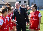 18 May 2025; Leinster LGFA president Arthur Corrigan meet Louth players before the TG4 Leinster LGFA Junior Championship final match between Carlow and Louth at TEG Cusack Park in Mullingar, Westmeath. Photo by Seb Daly/Sportsfile
