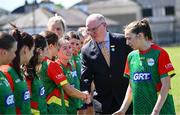 18 May 2025; Leinster LGFA president Arthur Corrigan meet Carlow players before the TG4 Leinster LGFA Junior Championship final match between Carlow and Louth at TEG Cusack Park in Mullingar, Westmeath. Photo by Seb Daly/Sportsfile