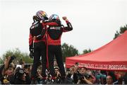 18 May 2025; Sébastien Ogier and Vincent Landais celebrates after winning Rally de Portugal in Porto, Portugal. Photo by Philip Fitzpatrick/Sportsfile