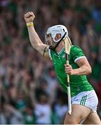 18 May 2025; Aaron Gillane of Limerick celebrates after scoring his side's first goal during the Munster GAA Hurling Senior Championship Round 4 match between Limerick and Cork at TUS Gaelic Grounds in Limerick. Photo by Sam Barnes/Sportsfile
