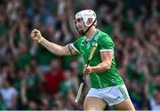 18 May 2025; Aaron Gillane of Limerick celebrates after scoring his side's first goal during the Munster GAA Hurling Senior Championship Round 4 match between Limerick and Cork at TUS Gaelic Grounds in Limerick. Photo by Sam Barnes/Sportsfile