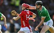 18 May 2025; Alan Connolly of Cork is tackled by Diarmaid Byrnes of Limerick during the Munster GAA Hurling Senior Championship Round 4 match between Limerick and Cork at TUS Gaelic Grounds in Limerick. Photo by Brendan Moran/Sportsfile
