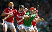 18 May 2025; Barry Nash of Limerick in action against Cork players, from left, Declan Dalton, Eoin Downey and Ciarán Joyce during the Munster GAA Hurling Senior Championship Round 4 match between Limerick and Cork at TUS Gaelic Grounds in Limerick. Photo by Sam Barnes/Sportsfile