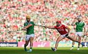 18 May 2025; Tom Morrissey of Limerick in action against Ciarán Joyce of Cork during the Munster GAA Hurling Senior Championship Round 4 match between Limerick and Cork at TUS Gaelic Grounds in Limerick. Photo by Sam Barnes/Sportsfile