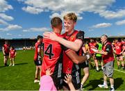 18 May 2025; Pat Havern, left, and Adam Crimmins of Down after the GAA Football All-Ireland Senior Championship Round 1 match between Clare and Down at Zimmer Biomet Páirc Chíosóg in Ennis, Clare. Photo by Tom Beary/Sportsfile