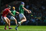 18 May 2025; Shane O'Brien of Limerick breaks his hurley under the challenge of Mark Coleman of Cork during the Munster GAA Hurling Senior Championship Round 4 match between Limerick and Cork at TUS Gaelic Grounds in Limerick. Photo by Sam Barnes/Sportsfile