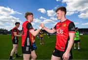 18 May 2025; Finn Murdock, right, and Adam Crimmins of Down after during the GAA Football All-Ireland Senior Championship Round 1 match between Clare and Down at Zimmer Biomet Páirc Chíosóg in Ennis, Clare. Photo by Tom Beary/Sportsfile