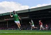 18 May 2025; Aaron Gillane of Limerick, centre, celebrates after scoring his side's first goal, as teammate David Reidy, left, also celebrates during the Munster GAA Hurling Senior Championship Round 4 match between Limerick and Cork at TUS Gaelic Grounds in Limerick. Photo by Sam Barnes/Sportsfile