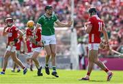 18 May 2025; Diarmaid Byrnes of Limerick celebrates after scoring a point from distance during the Munster GAA Hurling Senior Championship Round 4 match between Limerick and Cork at TUS Gaelic Grounds in Limerick. Photo by Brendan Moran/Sportsfile