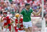 18 May 2025; Diarmaid Byrnes of Limerick celebrates after scoring a point from distance during the Munster GAA Hurling Senior Championship Round 4 match between Limerick and Cork at TUS Gaelic Grounds in Limerick. Photo by Brendan Moran/Sportsfile