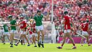 18 May 2025; Diarmaid Byrnes of Limerick celebrates after scoring a point from distance during the Munster GAA Hurling Senior Championship Round 4 match between Limerick and Cork at TUS Gaelic Grounds in Limerick. Photo by Brendan Moran/Sportsfile