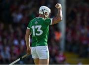 18 May 2025; Aaron Gillane of Limerick celebrates after scoring his side's third goal, from a penalty, during the Munster GAA Hurling Senior Championship Round 4 match between Limerick and Cork at TUS Gaelic Grounds in Limerick. Photo by Brendan Moran/Sportsfile