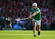 18 May 2025; Aaron Gillane of Limerick scores his side's third goal, from a penalty, during the Munster GAA Hurling Senior Championship Round 4 match between Limerick and Cork at TUS Gaelic Grounds in Limerick. Photo by Brendan Moran/Sportsfile