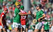 18 May 2025; Limerick players Cathal O'Neill, left, and Aidan O'Connor celebrate after their side's victory in the Munster GAA Hurling Senior Championship Round 4 match between Limerick and Cork at TUS Gaelic Grounds in Limerick. Photo by Sam Barnes/Sportsfile