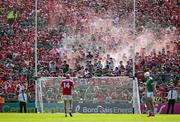 18 May 2025; Flares are set off in the terrace amongst Cork supporters during the Munster GAA Hurling Senior Championship Round 4 match between Limerick and Cork at TUS Gaelic Grounds in Limerick. Photo by Brendan Moran/Sportsfile