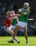 18 May 2025; Aaron Gillane of Limerick in action against /c32 during the Munster GAA Hurling Senior Championship Round 4 match between Limerick and Cork at TUS Gaelic Grounds in Limerick. Photo by Brendan Moran/Sportsfile