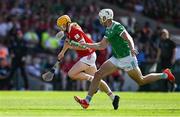 18 May 2025; Shane Barrett of Cork is tackled by Kyle Hayes of Limerick during the Munster GAA Hurling Senior Championship Round 4 match between Limerick and Cork at TUS Gaelic Grounds in Limerick. Photo by Brendan Moran/Sportsfile