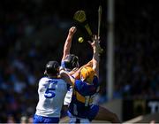 18 May 2025; The sliotar drops between Watersord players Iarlaith Daly Mark Fitzgerald, left, and Tipperary's Jake Morris during the Munster GAA Hurling Senior Championship Round 4 match between Tipperary and Waterford at FBD Semple Stadium in Thurles, Tipperary. Photo by Ray McManus/Sportsfile