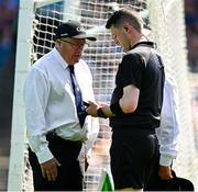 18 May 2025; Referee Sean Stack speaks with one of his umpires during the Munster GAA Hurling Senior Championship Round 4 match between Tipperary and Waterford at FBD Semple Stadium in Thurles, Tipperary. Photo by Tyler Miller/Sportsfile