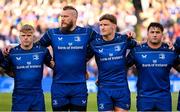 17 May 2025; Leinster players, from left, Tommy O'Brien, RG Snyman, Jordie Barrett and Thomas Clarkson before the United Rugby Championship match between Leinster and Glasgow Warriors at the Aviva Stadium in Dublin. Photo by Ramsey Cardy/Sportsfile