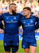 17 May 2025; RG Snyman, left, and Jordie Barrett of Leinster before the United Rugby Championship match between Leinster and Glasgow Warriors at the Aviva Stadium in Dublin. Photo by Ramsey Cardy/Sportsfile